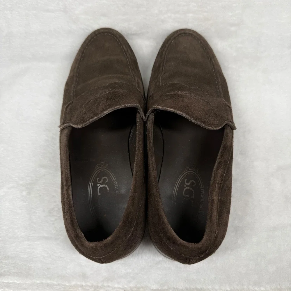 Tods Dark Brown Suede Penny Loafers Made in Italy Mens 5.5‎